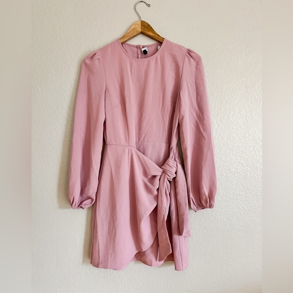 Knotted Rose Pink Long Sleeve Tie-Front Skater Dress NWOT Small